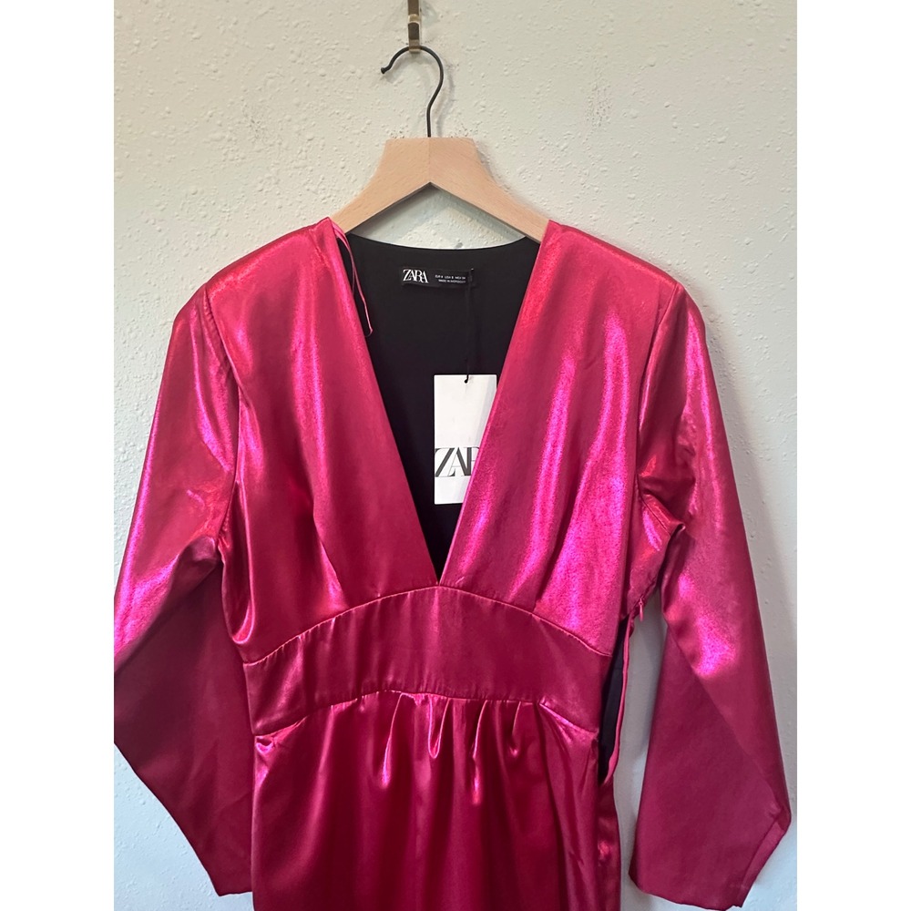 Zara Metallic Mini Dress Womens Small Pink V-Neck Long Sleeve Party Glam (Flaw) - Picture 7 of 16